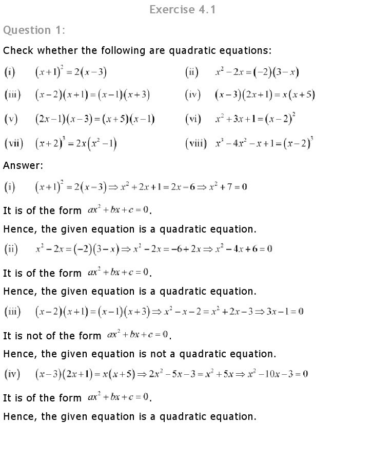 Quadratic Equations, Class 10 Mathematics NCERT Solutions Quadratic Equations, Class 10 Mathematics NCERT Solutions