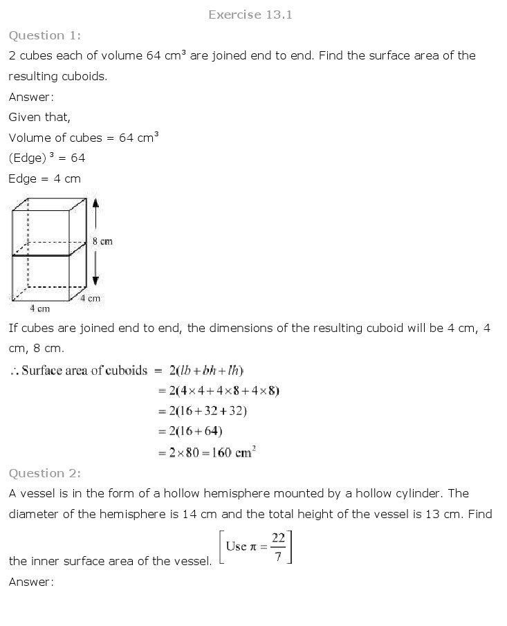 10th, Maths, Surface Areas & Volumes 1
