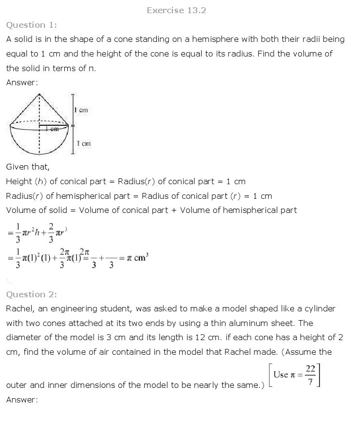 10th, Maths, Surface Areas & Volumes 10