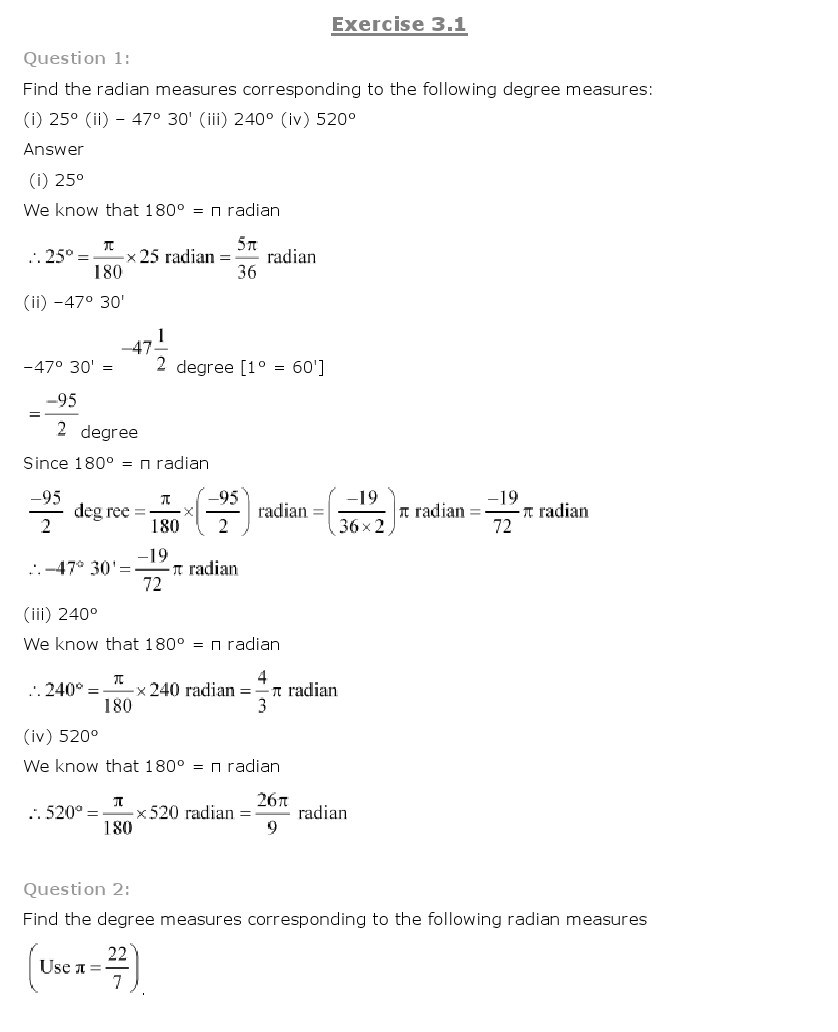 11th, Maths, Trigonometric Functions 1