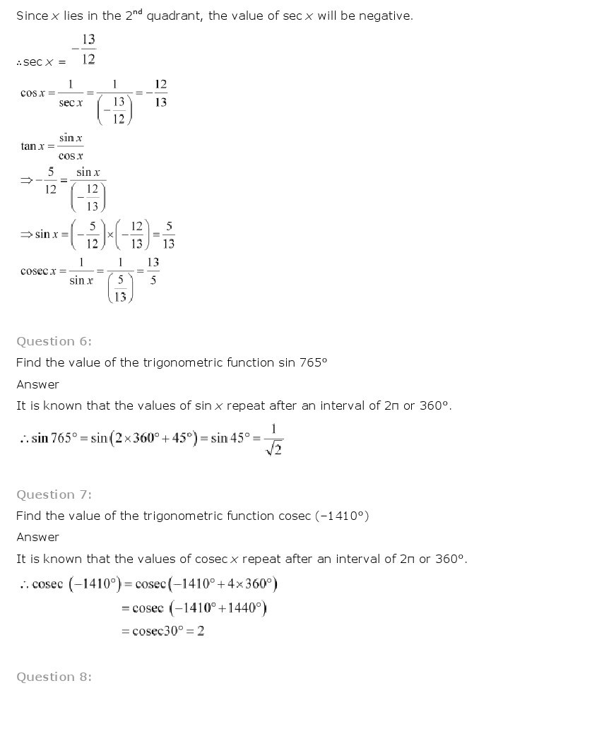 11th, Maths, Trigonometric Functions 12