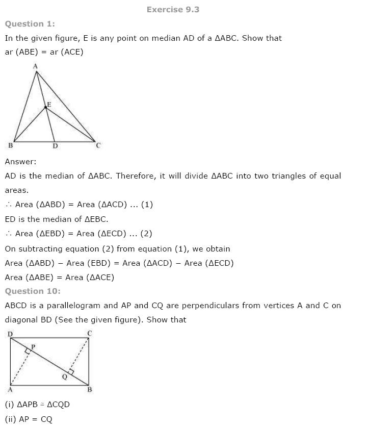 Areas of Parallelograms NCERT Solutions 12