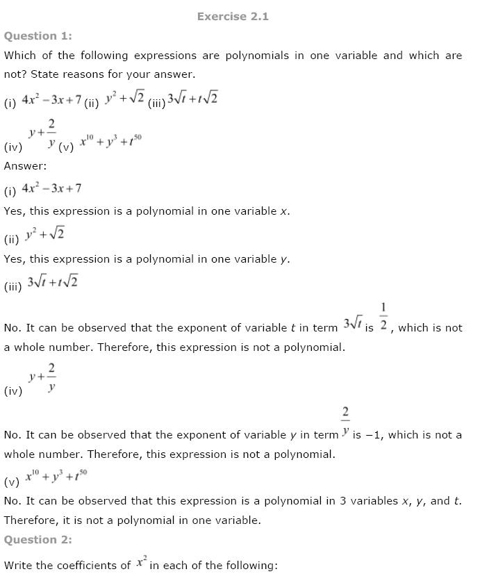 Polynomials NCERT Solutions 1