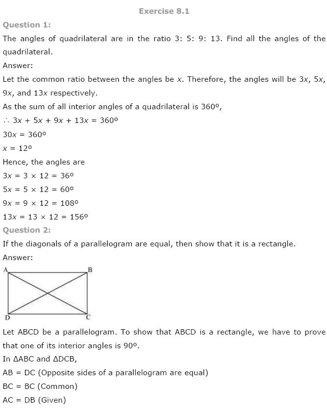 Quadrilaterals NCERT Solutions 1